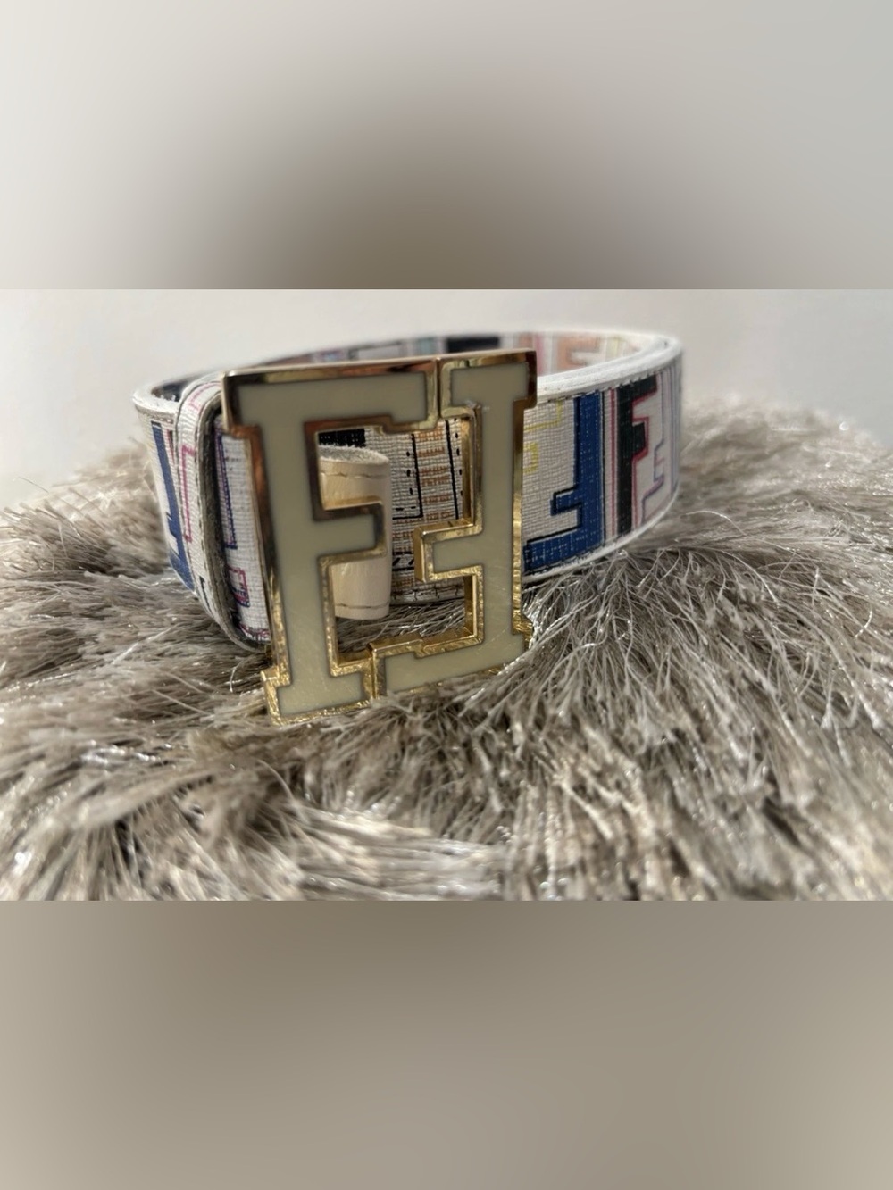 Fendi FF White leather Belt Multicolor Graphic monogram print gold FF buckle